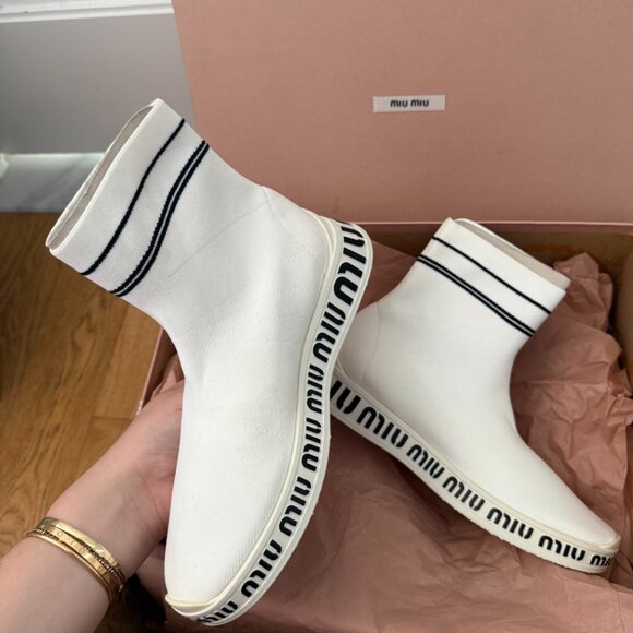 NWT Miu Miu High Top Sock Sneakers White Knit Logo Pattern Rubber Sole - Picture 6 of 11
